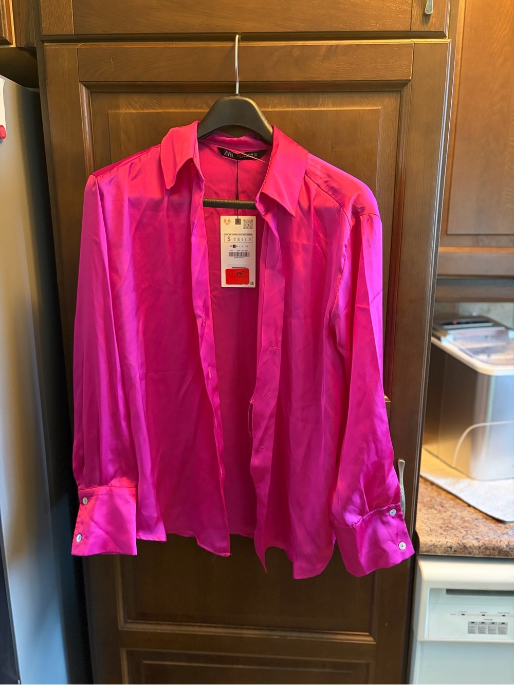 Zara Satin Button-Down Shirt - Fuchsia Pink